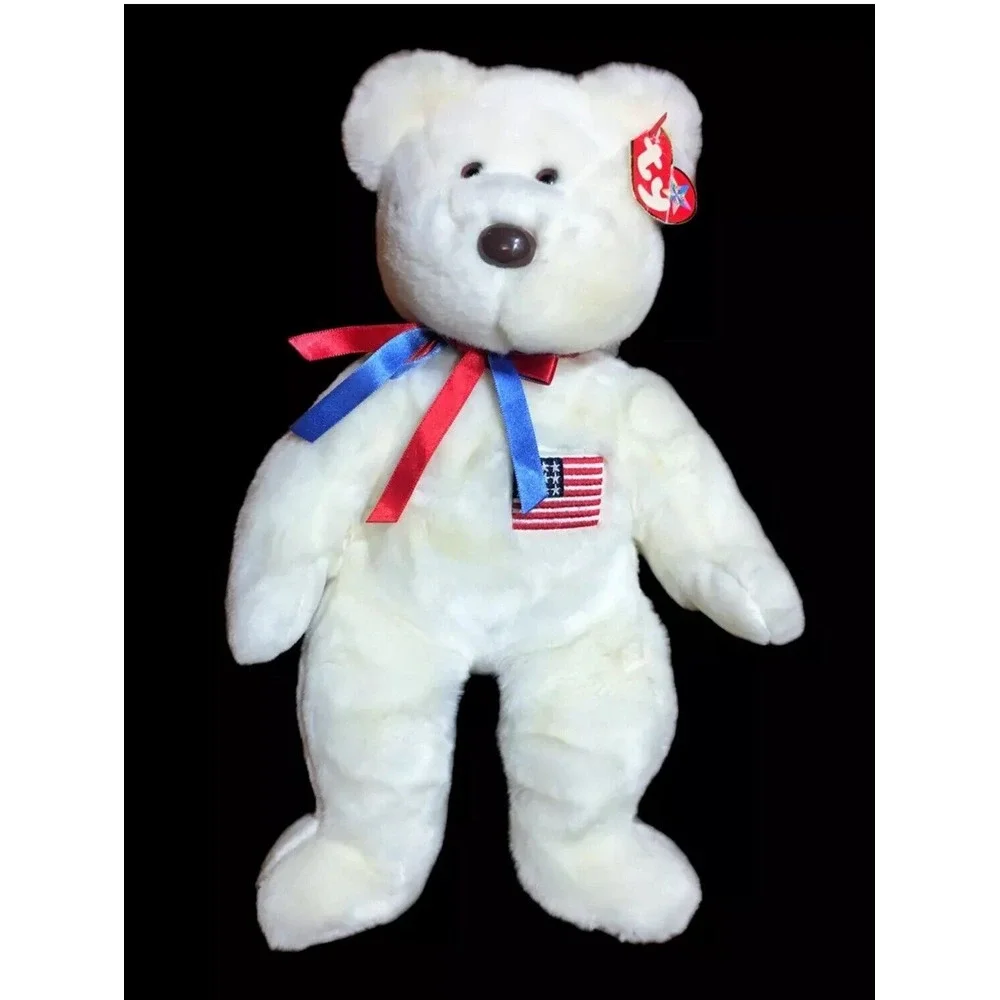 Ty‎ Beanie Buddies LIBEARTY White Plush Buddy Teddy Bear USA Flag Ribbons 2000